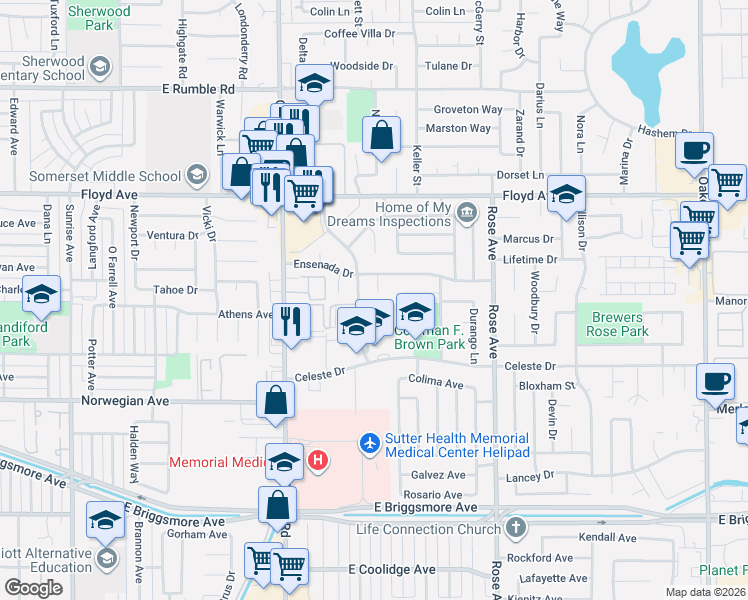 map of restaurants, bars, coffee shops, grocery stores, and more near 2024 Vera Cruz Drive in Modesto