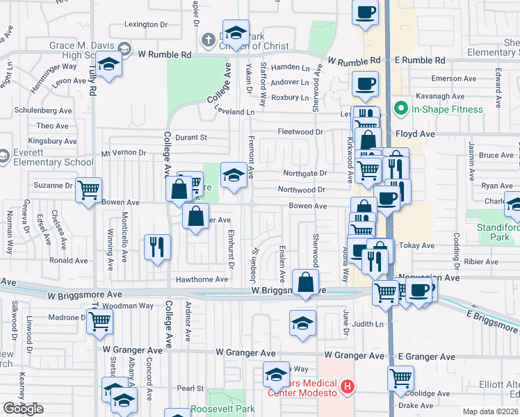 map of restaurants, bars, coffee shops, grocery stores, and more near 2117 Regent Court in Modesto