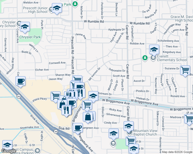 map of restaurants, bars, coffee shops, grocery stores, and more near 2016 Girard Avenue in Modesto