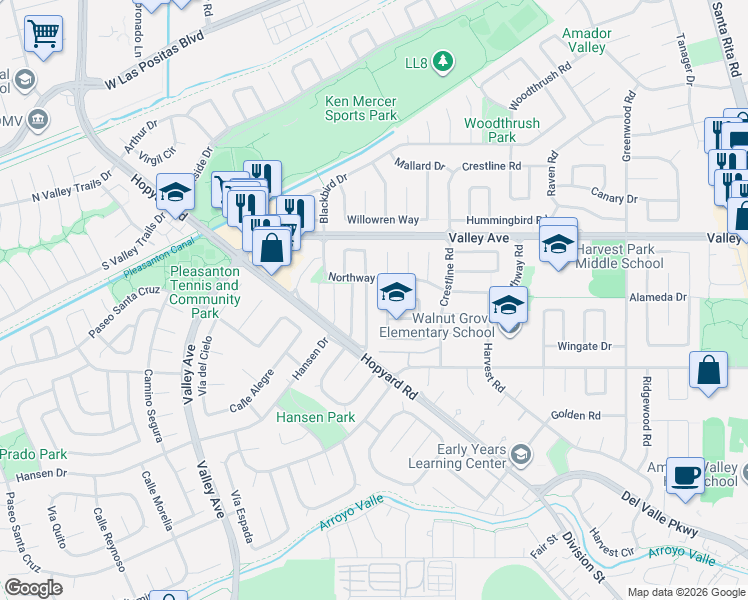 map of restaurants, bars, coffee shops, grocery stores, and more near 2179 Goldcrest Circle in Pleasanton