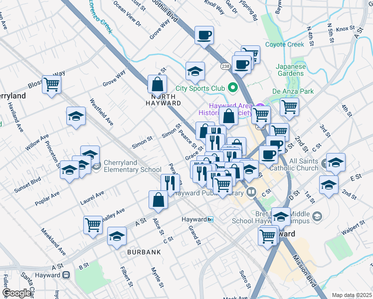 map of restaurants, bars, coffee shops, grocery stores, and more near 22285 Montgomery Street in Hayward