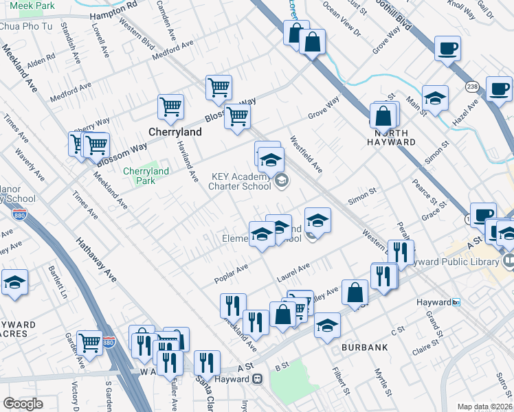 map of restaurants, bars, coffee shops, grocery stores, and more near 21842 Princeton Street in Hayward