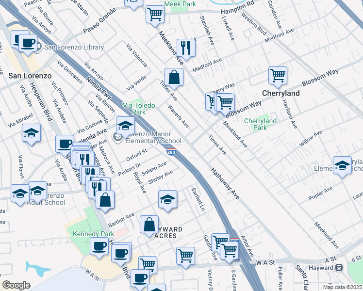 map of restaurants, bars, coffee shops, grocery stores, and more near 227 Bunny Court in Hayward