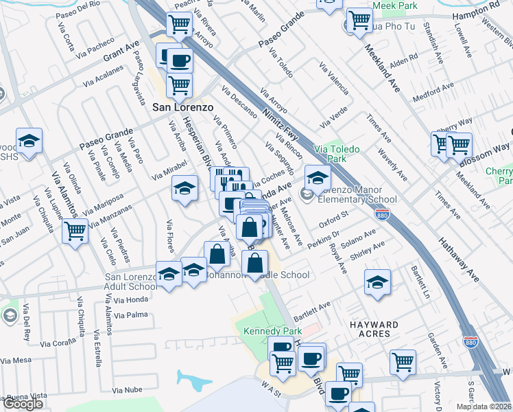 map of restaurants, bars, coffee shops, grocery stores, and more near 17965 Robscott Avenue in Hayward