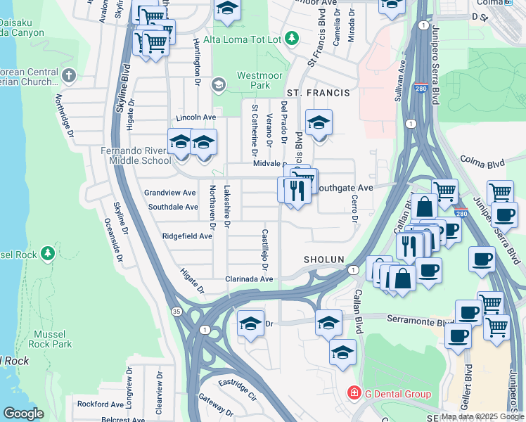 map of restaurants, bars, coffee shops, grocery stores, and more near 28 Belhaven Avenue in Daly City