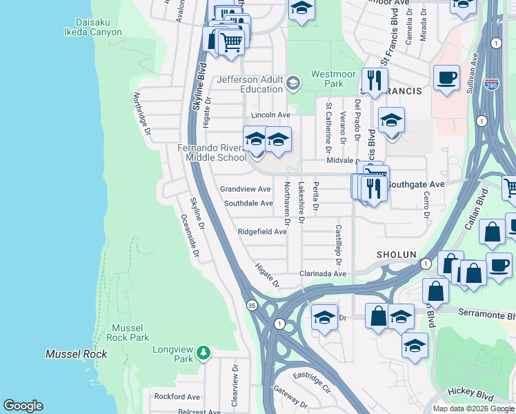 map of restaurants, bars, coffee shops, grocery stores, and more near 227 Belhaven Avenue in Daly City