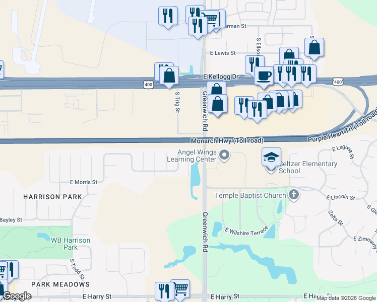 map of restaurants, bars, coffee shops, grocery stores, and more near 712 Deer Haven Court in Wichita