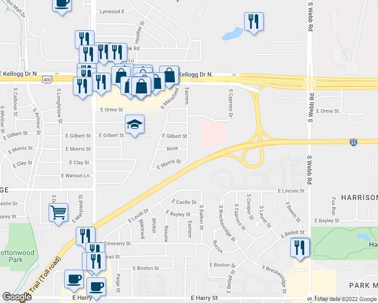 map of restaurants, bars, coffee shops, grocery stores, and more near 738 Eastern in Wichita