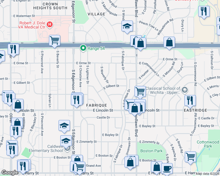 map of restaurants, bars, coffee shops, grocery stores, and more near 6004 East Morris Street in Wichita