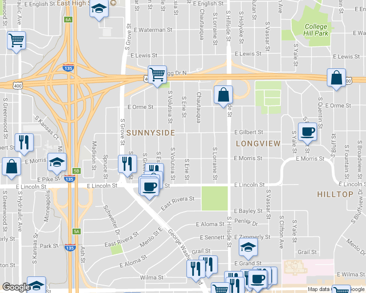 map of restaurants, bars, coffee shops, grocery stores, and more near 748 South Volutsia Street in Wichita