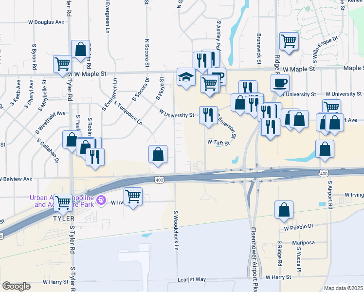 map of restaurants, bars, coffee shops, grocery stores, and more near 548 South Woodchuck in Wichita