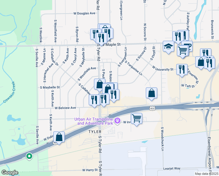 map of restaurants, bars, coffee shops, grocery stores, and more near 556 South Tyler Road in Wichita