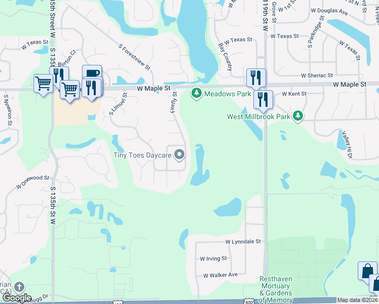 map of restaurants, bars, coffee shops, grocery stores, and more near 524 Firefly Street in Wichita