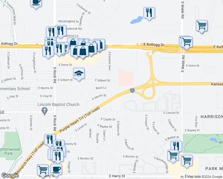 map of restaurants, bars, coffee shops, grocery stores, and more near 738 Eastern in Wichita
