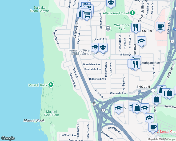 map of restaurants, bars, coffee shops, grocery stores, and more near 83 Southdale Avenue in Daly City