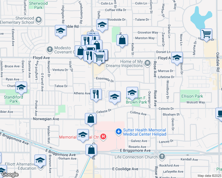 map of restaurants, bars, coffee shops, grocery stores, and more near 2200 San Blas Court in Modesto