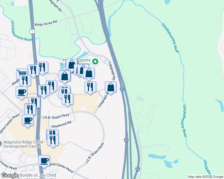 map of restaurants, bars, coffee shops, grocery stores, and more near 10601 Telegraph Road in Glen Allen