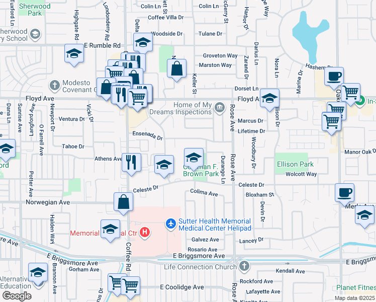 map of restaurants, bars, coffee shops, grocery stores, and more near 1504 Cabrillo Court in Modesto