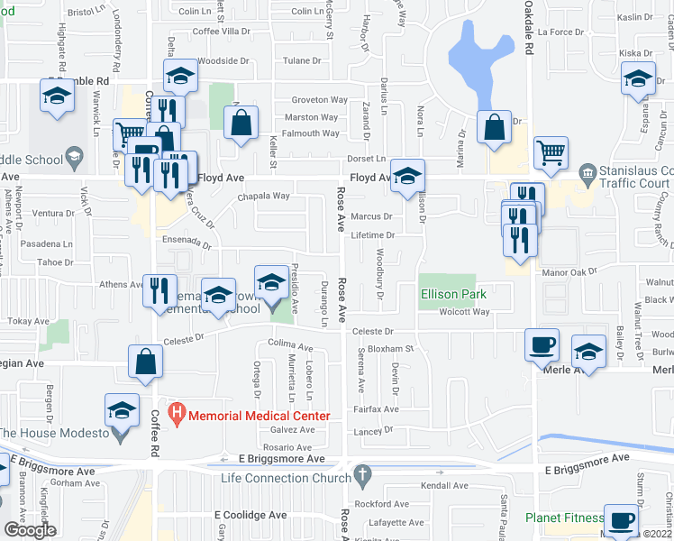 map of restaurants, bars, coffee shops, grocery stores, and more near 2201 Rose Avenue in Modesto