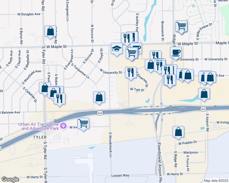 map of restaurants, bars, coffee shops, grocery stores, and more near 548 South Woodchuck in Wichita