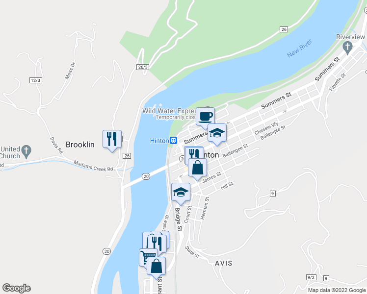 map of restaurants, bars, coffee shops, grocery stores, and more near 207 2nd Avenue in Hinton