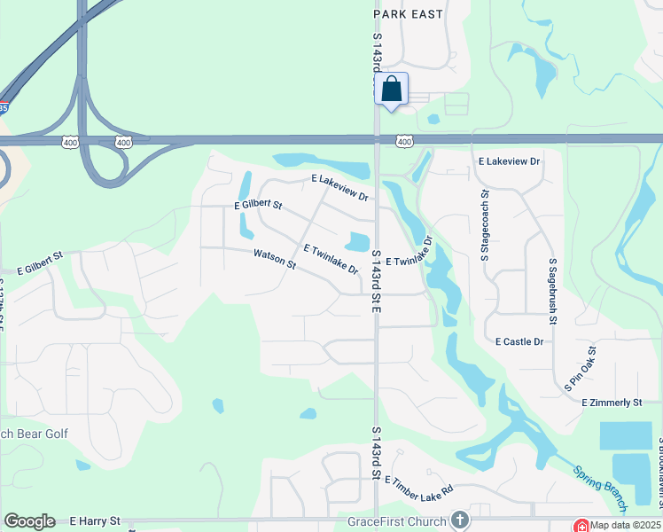 map of restaurants, bars, coffee shops, grocery stores, and more near 14205 East Twinlake Drive in Wichita