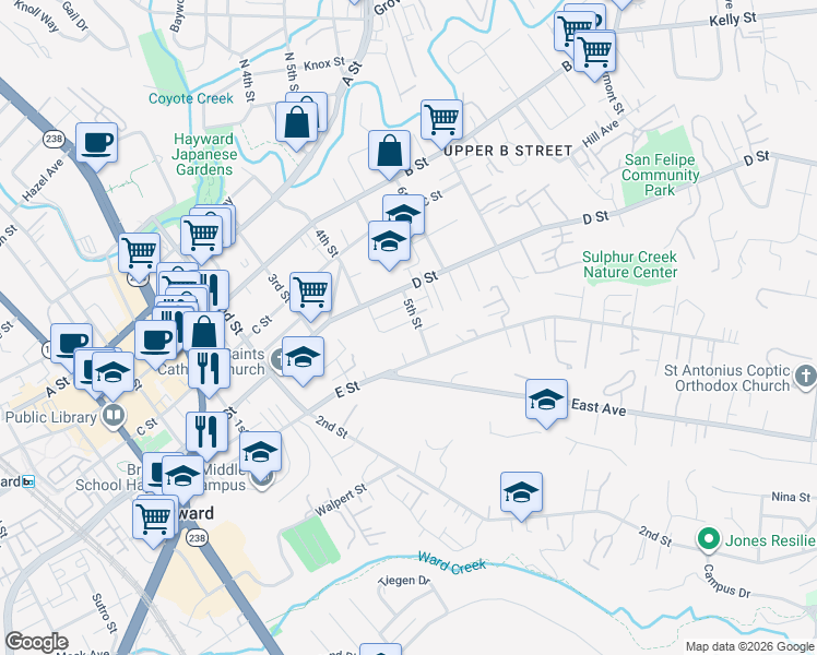 map of restaurants, bars, coffee shops, grocery stores, and more near 22869 5th Street in Hayward