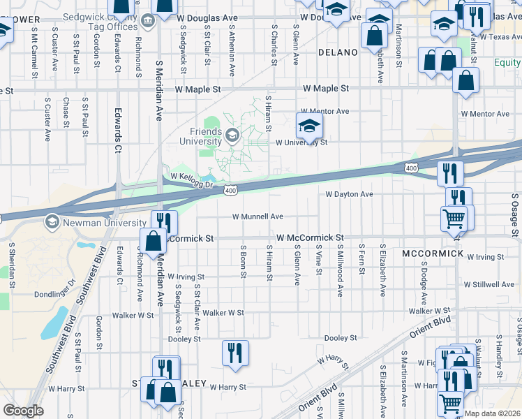 map of restaurants, bars, coffee shops, grocery stores, and more near 2015 Munnell West Street in Wichita