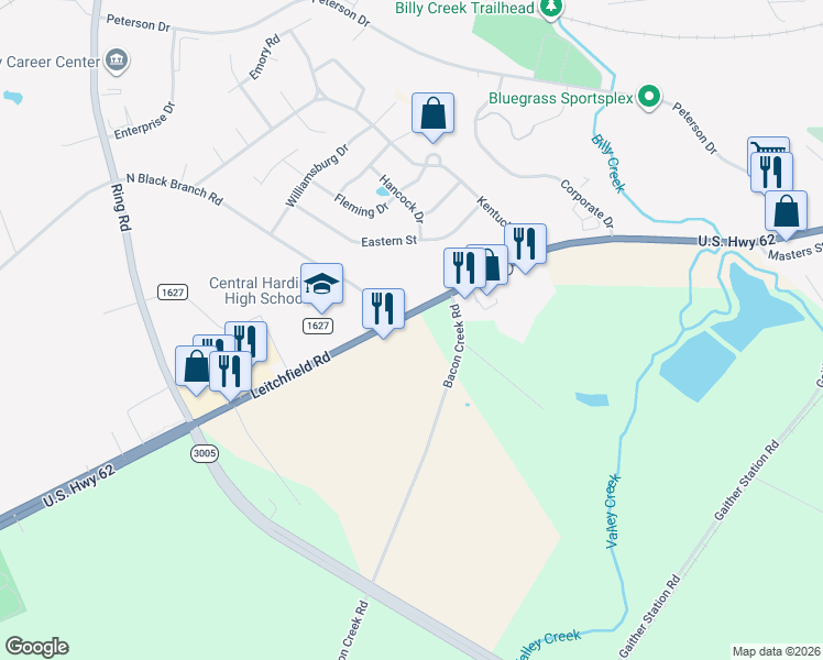 map of restaurants, bars, coffee shops, grocery stores, and more near 2891 Leitchfield Road in Elizabethtown