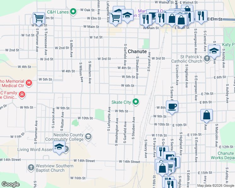map of restaurants, bars, coffee shops, grocery stores, and more near 717 South Washington Avenue in Chanute