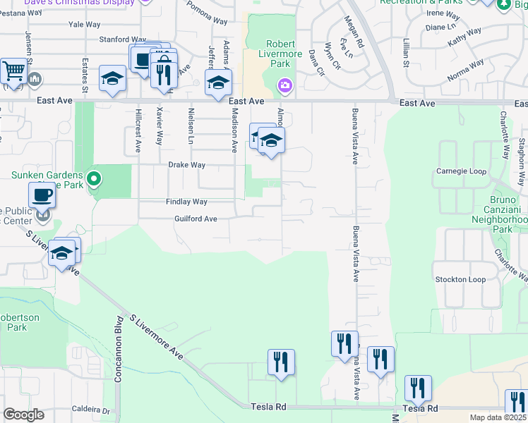 map of restaurants, bars, coffee shops, grocery stores, and more near 4482 Guilford Place in Livermore