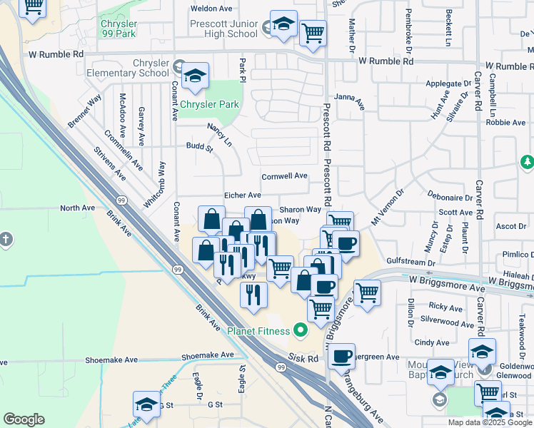 map of restaurants, bars, coffee shops, grocery stores, and more near 2220 Jason Way in Modesto