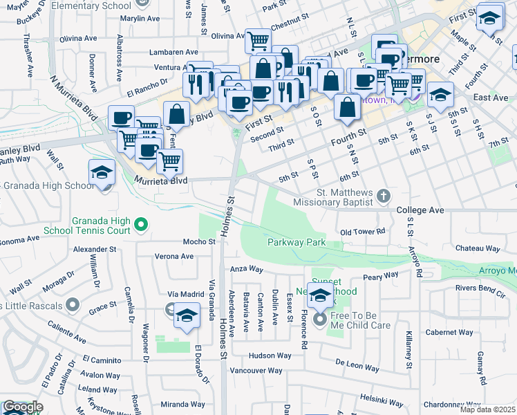 map of restaurants, bars, coffee shops, grocery stores, and more near 626 South S Street in Livermore