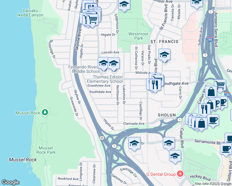 map of restaurants, bars, coffee shops, grocery stores, and more near 382 Northaven Drive in Daly City