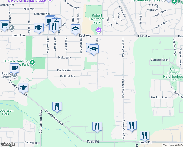 map of restaurants, bars, coffee shops, grocery stores, and more near 4482 Guilford Place in Livermore