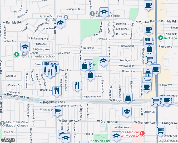 map of restaurants, bars, coffee shops, grocery stores, and more near 1013 Phelps Avenue in Modesto