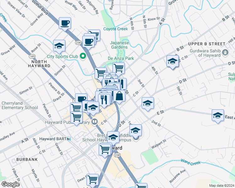map of restaurants, bars, coffee shops, grocery stores, and more near 22612 Foothill Boulevard in Hayward
