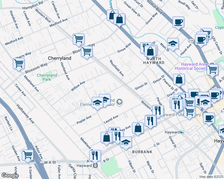map of restaurants, bars, coffee shops, grocery stores, and more near 414 Sunset Boulevard in Hayward