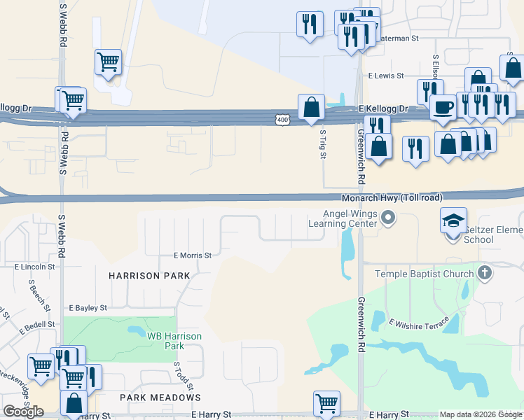 map of restaurants, bars, coffee shops, grocery stores, and more near 717 South Chateau Circle in Wichita