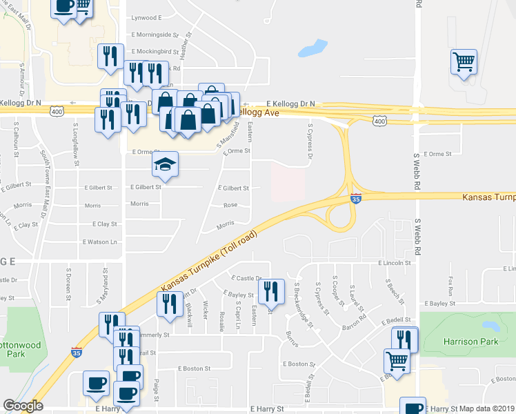 map of restaurants, bars, coffee shops, grocery stores, and more near 738 Eastern in Wichita
