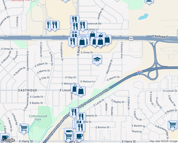 map of restaurants, bars, coffee shops, grocery stores, and more near 8037 East Clay Street in Wichita