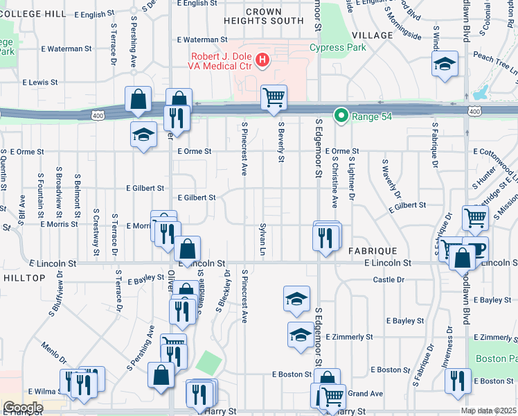map of restaurants, bars, coffee shops, grocery stores, and more near 5218 East Morris Street in Wichita