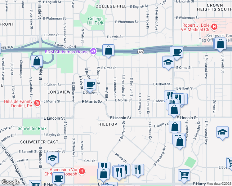 map of restaurants, bars, coffee shops, grocery stores, and more near 752 South Fountain Street in Wichita
