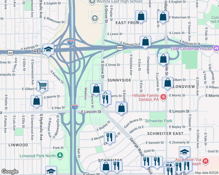 map of restaurants, bars, coffee shops, grocery stores, and more near 747 South Green Street in Wichita