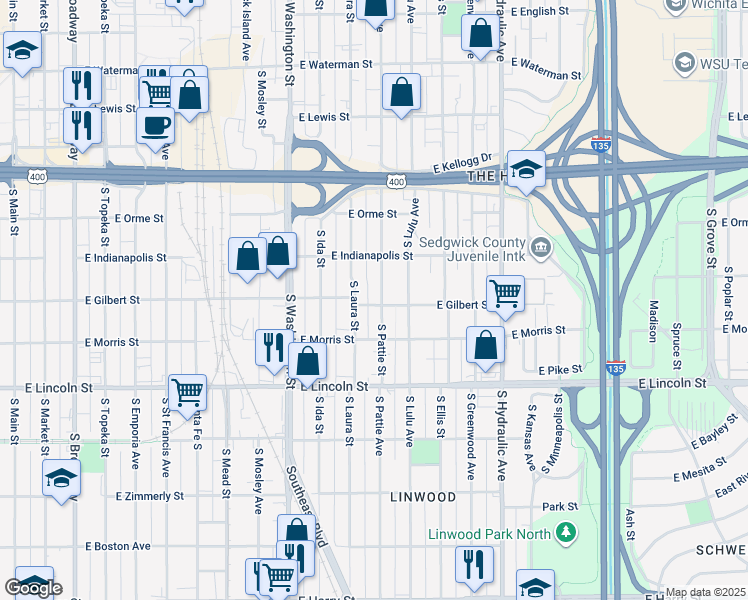 map of restaurants, bars, coffee shops, grocery stores, and more near 1010 South Laura Street in Wichita