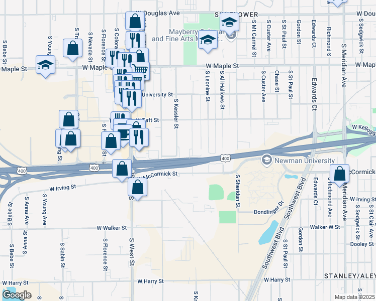 map of restaurants, bars, coffee shops, grocery stores, and more near 3600 Kellogg Drive in Wichita