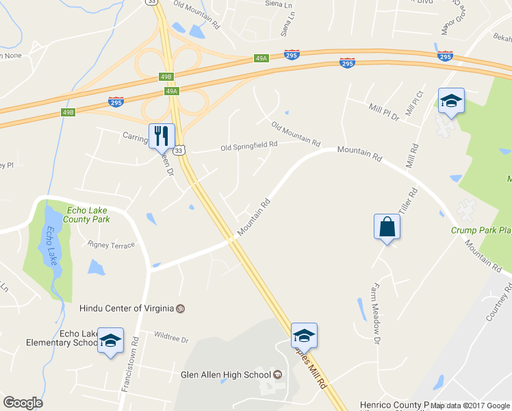 map of restaurants, bars, coffee shops, grocery stores, and more near 4105 Mountain Spring Terrace in Glen Allen