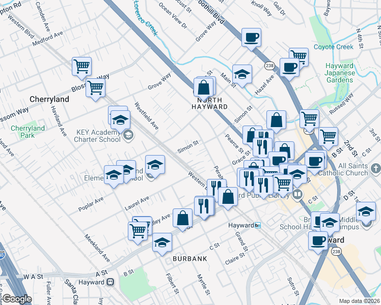 map of restaurants, bars, coffee shops, grocery stores, and more near 22174 Western Boulevard in Hayward