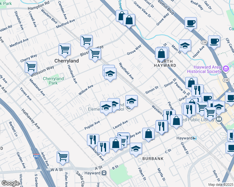 map of restaurants, bars, coffee shops, grocery stores, and more near 414 Sunset Boulevard in Hayward