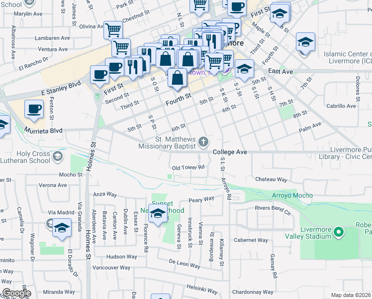 map of restaurants, bars, coffee shops, grocery stores, and more near 1766 College Avenue in Livermore